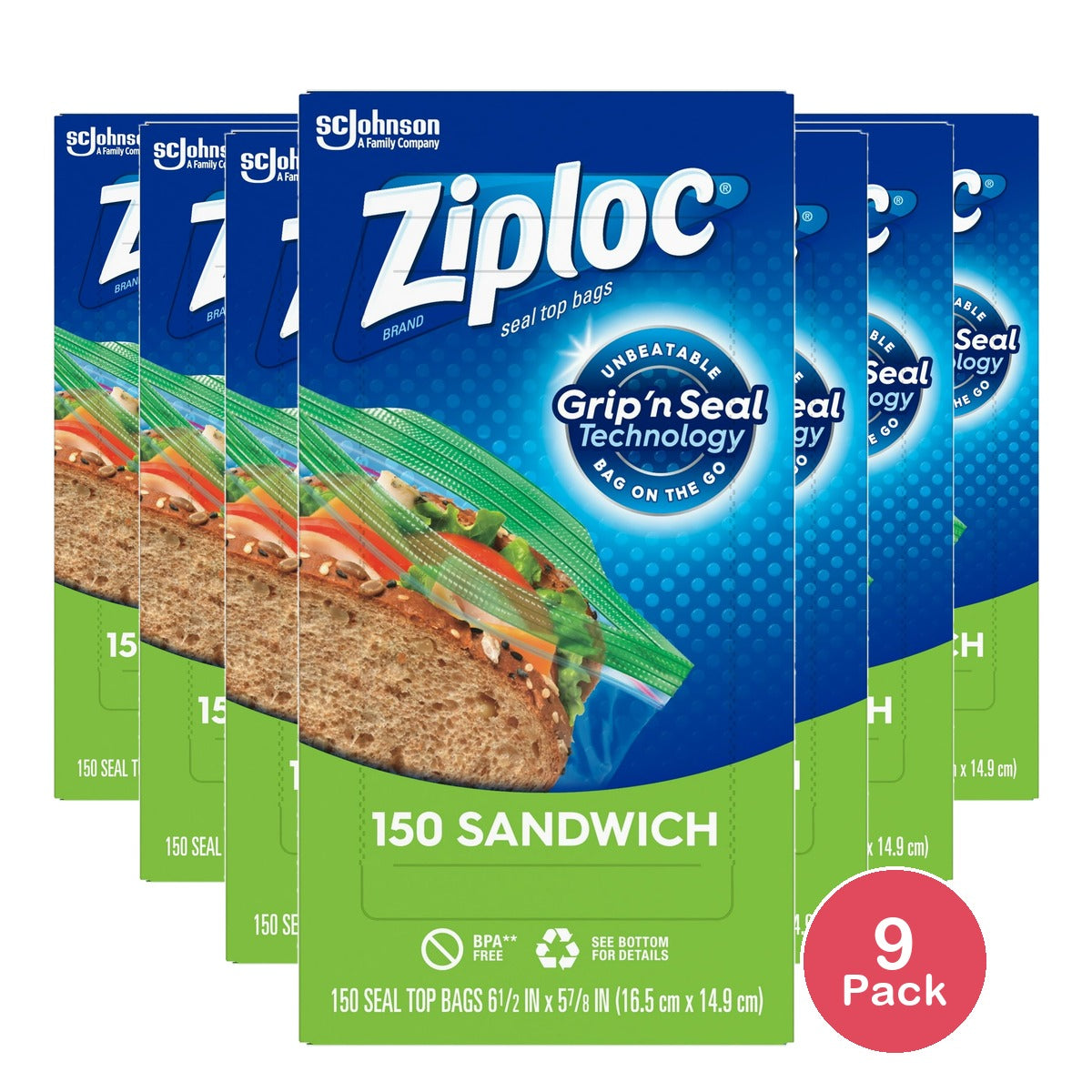 Ziploc Brand Sandwich Bags With Grip N Seal Technology (Pack Of 9)