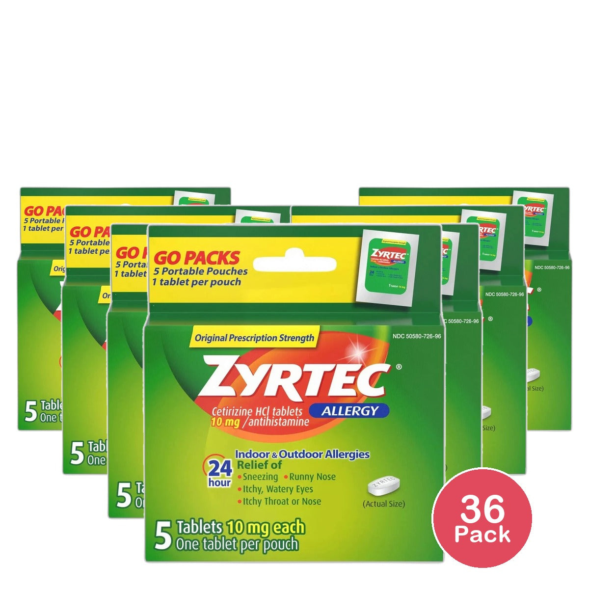 Zyrtec 24 Hour Allergy Relief 10 Mg Tablets For Indoor Outdoor5 Ea 1.28Oz (Pack of 36)