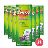 Zyrtec Childrens Allergy Syrup Grape Flavor Sugar and Dye Free For 2+ Years 4Oz (Pack of 36)
